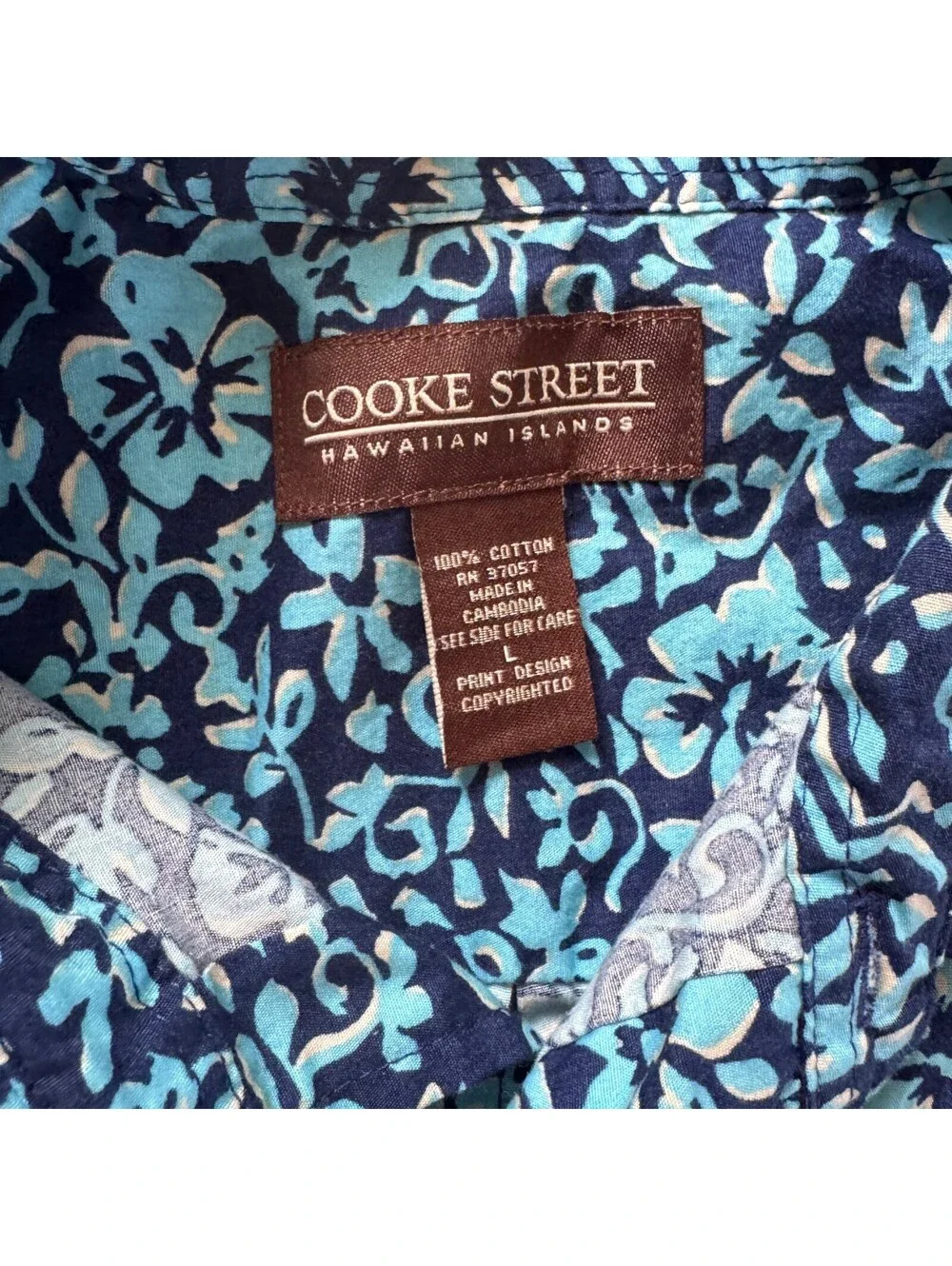 COOKE STREET Honolulu Hawaiian Shirt Men L Blue Hibiscus Floral Tribal Cotton